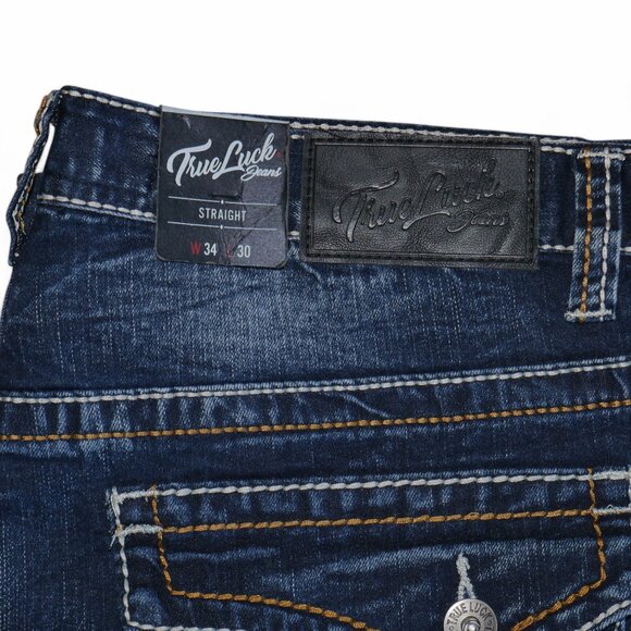 True Luck Straight Leg Jeans Dark Wash Denim Men's Size 34x30 Thick Stitch BKE - Picture 6 of 8